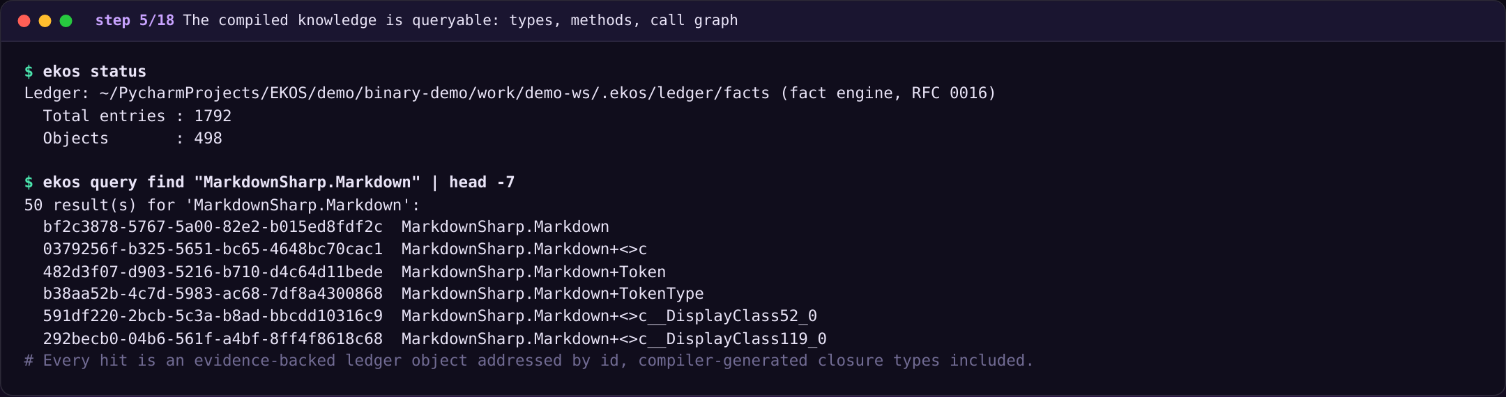 The compiled knowledge is queryable: types, methods, call graph