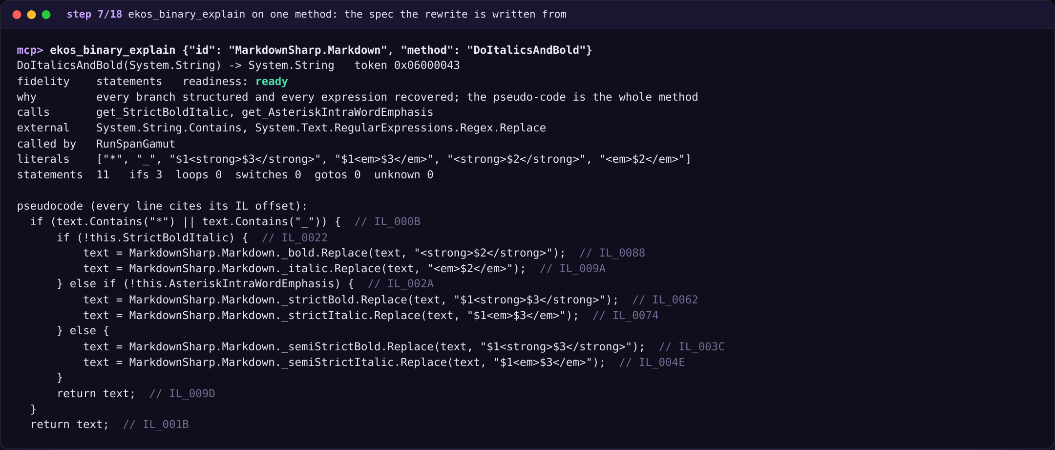 ekos_binary_explain on one method: the spec the rewrite is written from
