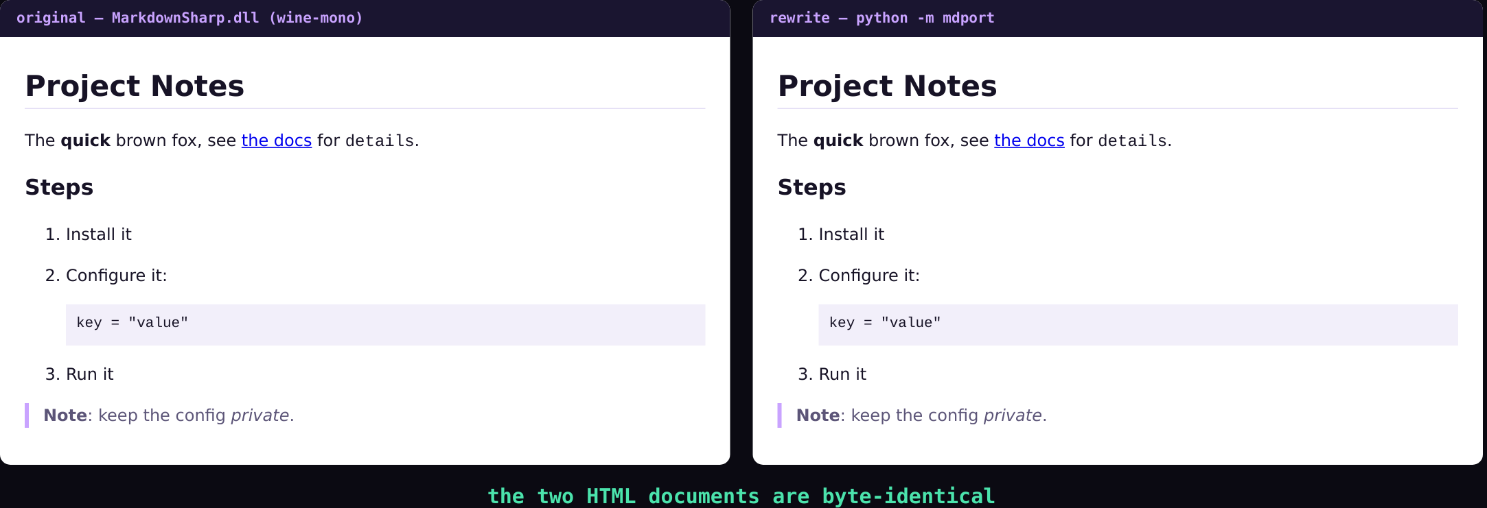 What a user sees: the original's HTML and the port's HTML, rendered