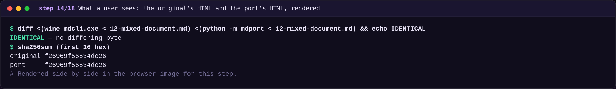 What a user sees: the original's HTML and the port's HTML, rendered